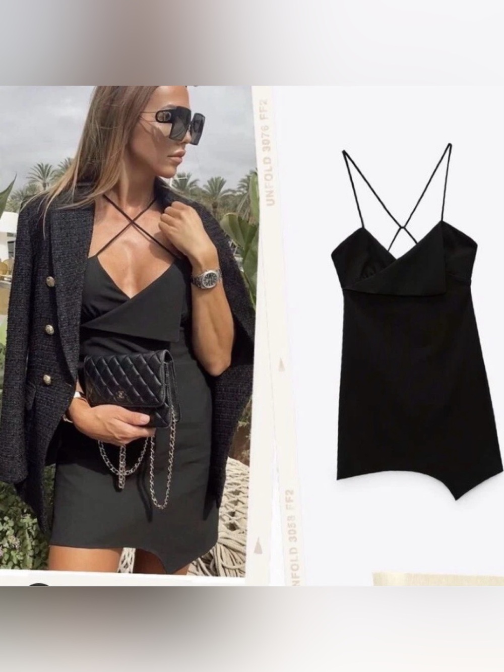 ZARA Black Asymmetrical Strappy Fold Over Mini Dress Open Back Size L NWOT